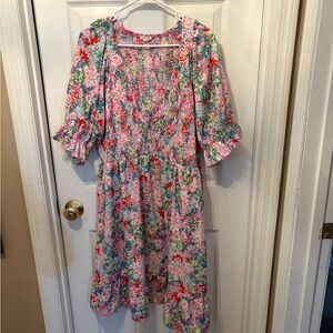 JODIFL Pink and‎ Green Smocked Top